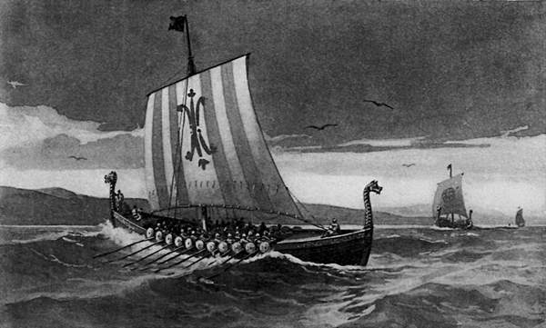 VIKING SHIPS AT SEA.