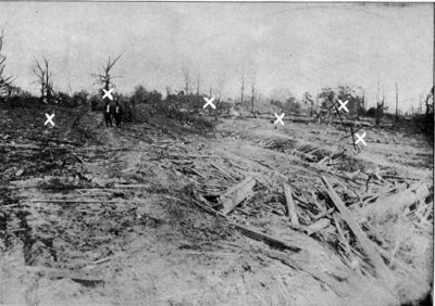 Showing what was once the town of Lower Peachtree. The six X's denote the places where houses stood before the tornado, in the heart of the main residential streets