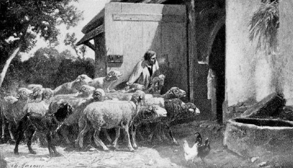 A shepherd guides his flock of sheep towards the open door of a barn.
Trees are in the background, and two chickens stand near what appears to be
a circular dressed stone trough in the foreground, which stands by the wall
of the barn, next to the doorway.