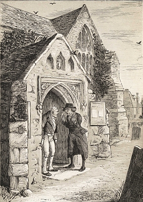 "On reaching the church-porch, we found the parson rebuking the gray-headed sexton for having used mistletoe."—page 95.