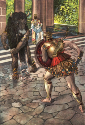 Hercules, armoured and carrying sword and shield, faces the Minotaur,
a muscled man with the head of a bull.