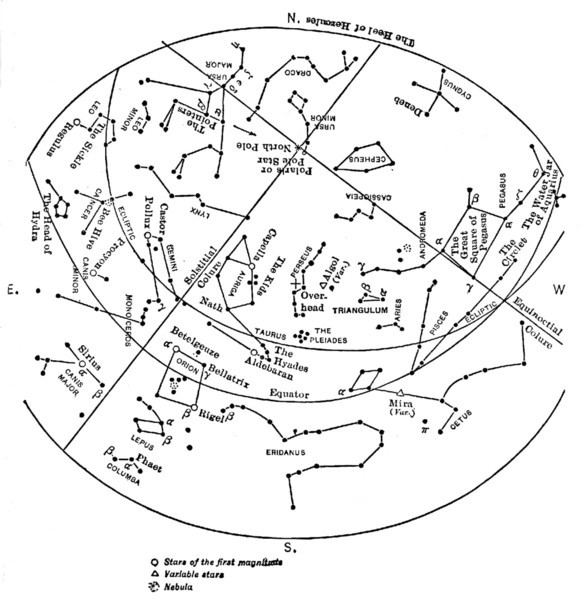 Map showing the principal stars visible from Lat. 40° N. at 9 o'clock, January first.