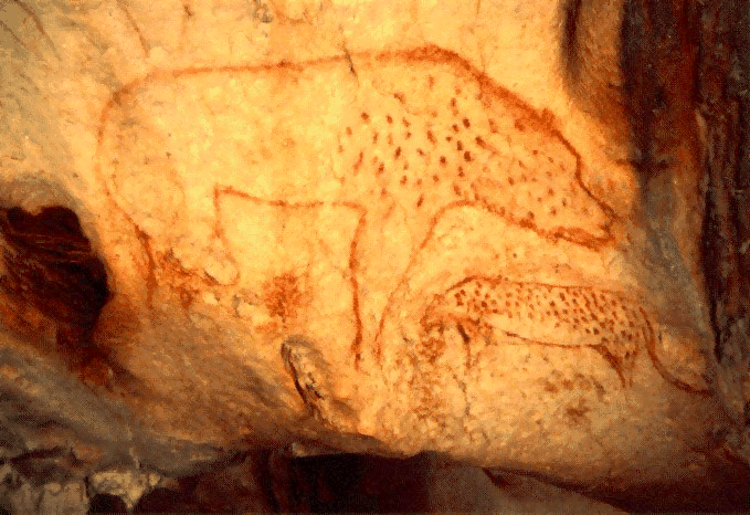 Image Description: Cave Painting featuring a hy(a)ena and another unidentified maculated animal.