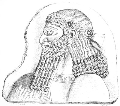 Fig. 25.—Fragment of a bas-relief in alabaster. Louvre.
Height 23 inches. Drawn by Saint-Elme Gautier.