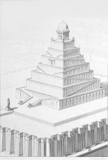 PLATE III. CHALDÆAN TEMPLE
SQUARE ON PLAN AND WITH DOUBLE RAMP
Restored by Ch. Chipiez.