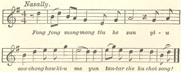 Music score.  Words are: ‘Fong fong mongmong tiu he sun
yi-u sow chong how ki-u me yun tan-tar che ku choi song!’