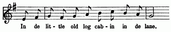 Musical notation; In de lit-tle old log cab-in in de
lane.