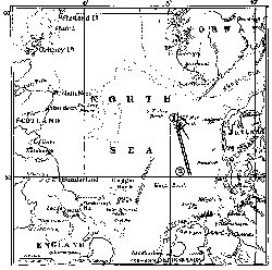 CHART SHOWING POSITIONS IN BATTLE OF JUTLAND IN RELATION
TO SURROUNDINGS OF THE NORTH SEA. (1) SCENE OF BATTLE. (2) POSITION OF
BRITISH FLEET AT 3 A. M., JUNE 1, 1916, BEFORE RETRACING ITS COURSE TO
THE BATTLEFIELD.