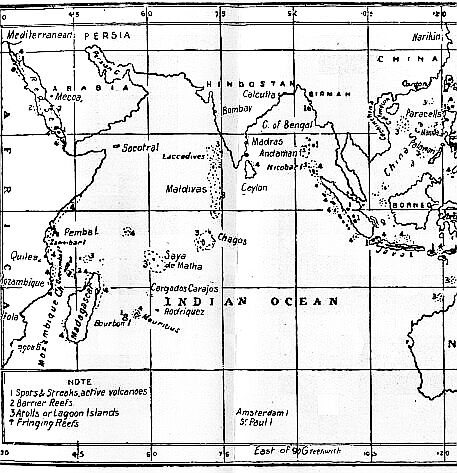 [Illustration:
Map showing distribution of coral-reefs and active volcanoes.]