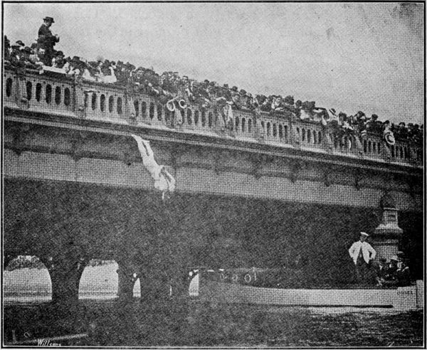 HOUDINI, manacled and chained, Diving head first off
Queen's Bridge, into the Yarra River, Melbourne, Australia, Feb. 18th,
1910.