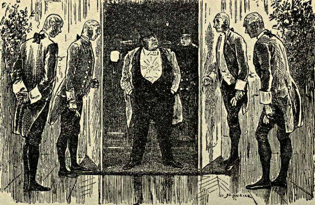 Sir Gorgius Midas arriving home (late), four footmen at the door