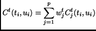 $\displaystyle C^t(t_i, u_i) = \sum_{j=1}^p w_j^t C_j^t(t_i, u_i) $